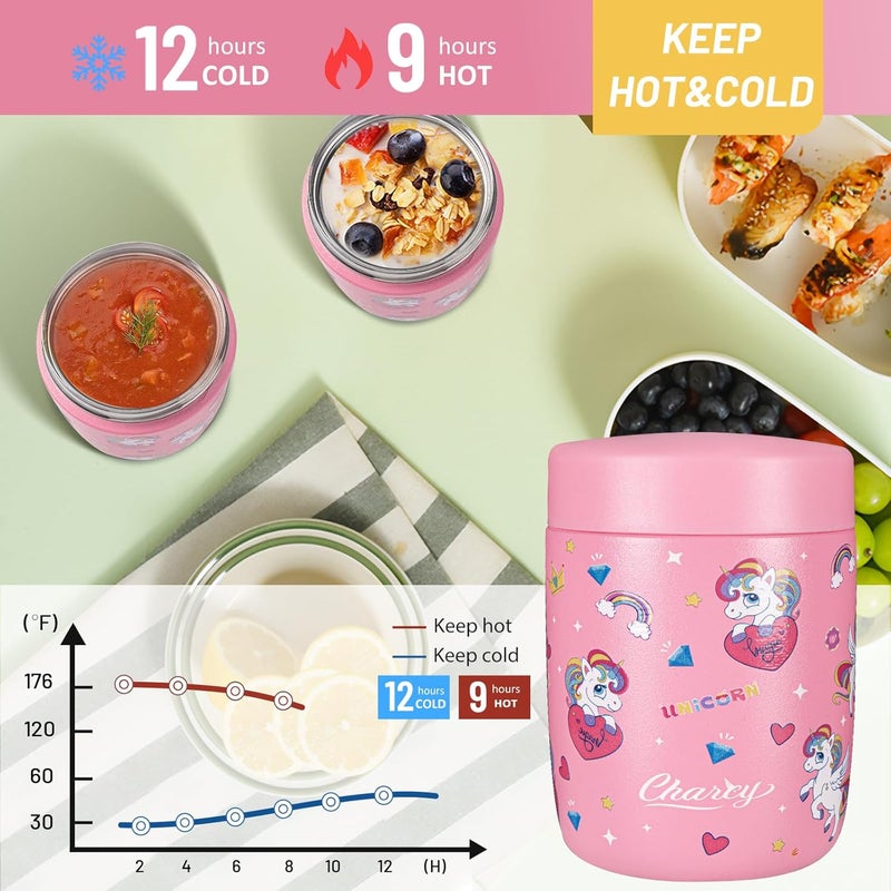Charcy 9oz Stainless Steel Vacuum Insulated Kids Food Jar - Soup Thermo for Hot & Cold Food - Magenta Unicorn - Image 4